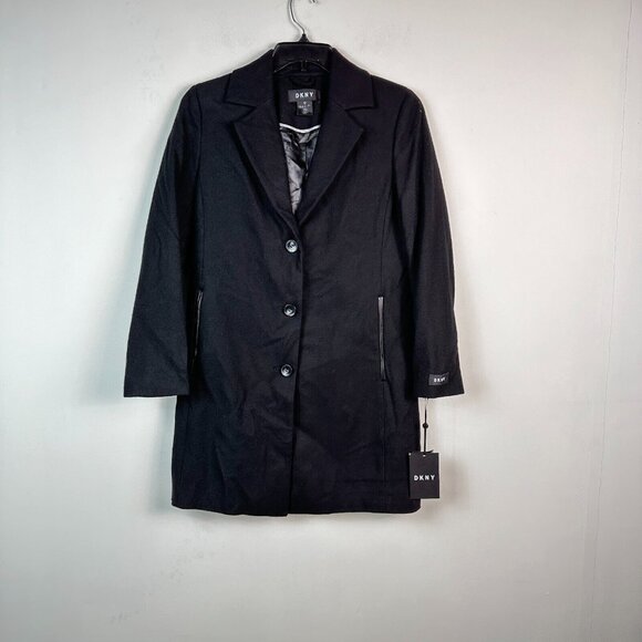 DKNY Womens Petite PM Black Collared Button Up Coat NWT CS58